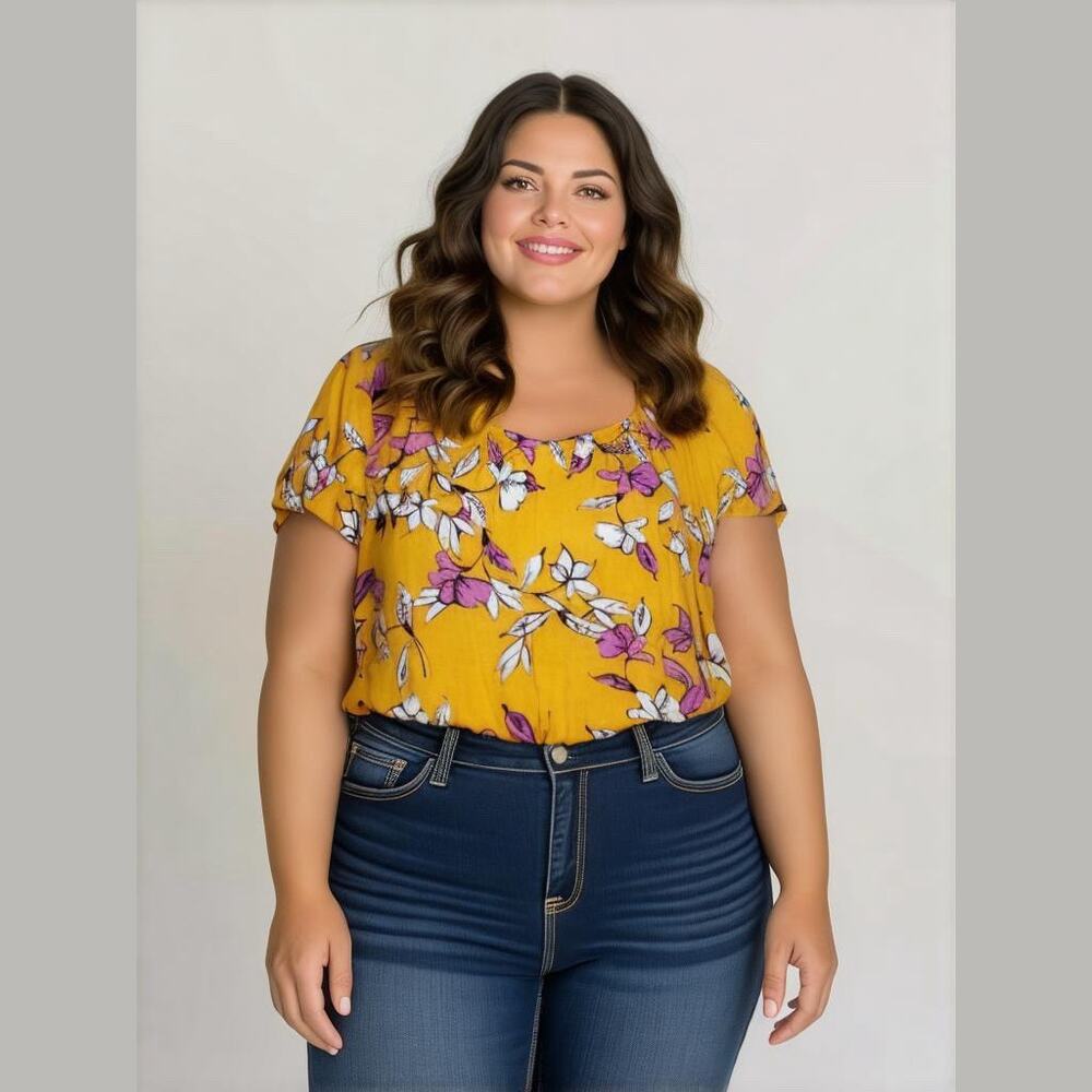 Lane Bryant Womens Blouse Size 34 36 Mustard Yellow Floral Short Sleeves NEW